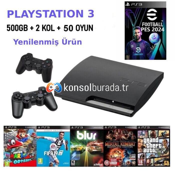 Sony PS3 Slim 500GB Yenilenmiş Ürün – 50 Oyun Yüklü + 2 Joystick + Garantili